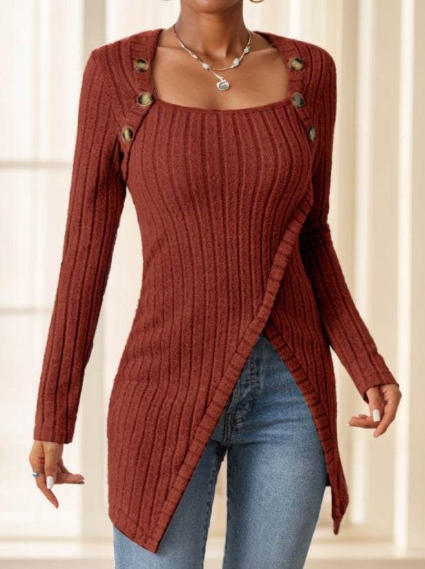 Vierkante hals, slim fit, gebreide knoopdecoratie, splitzoom, slim fit, casual T-shirt met lange mouwen Ritchy's Shop