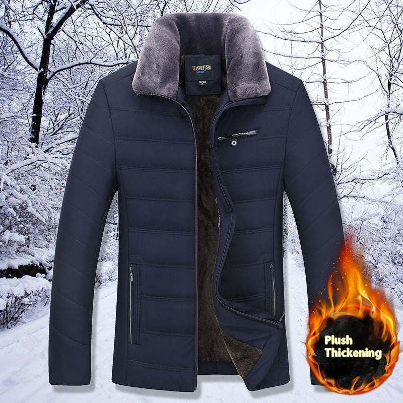 donkerblauwe dikke warme herenkleding voor heren met pluche voering en hoge kraag