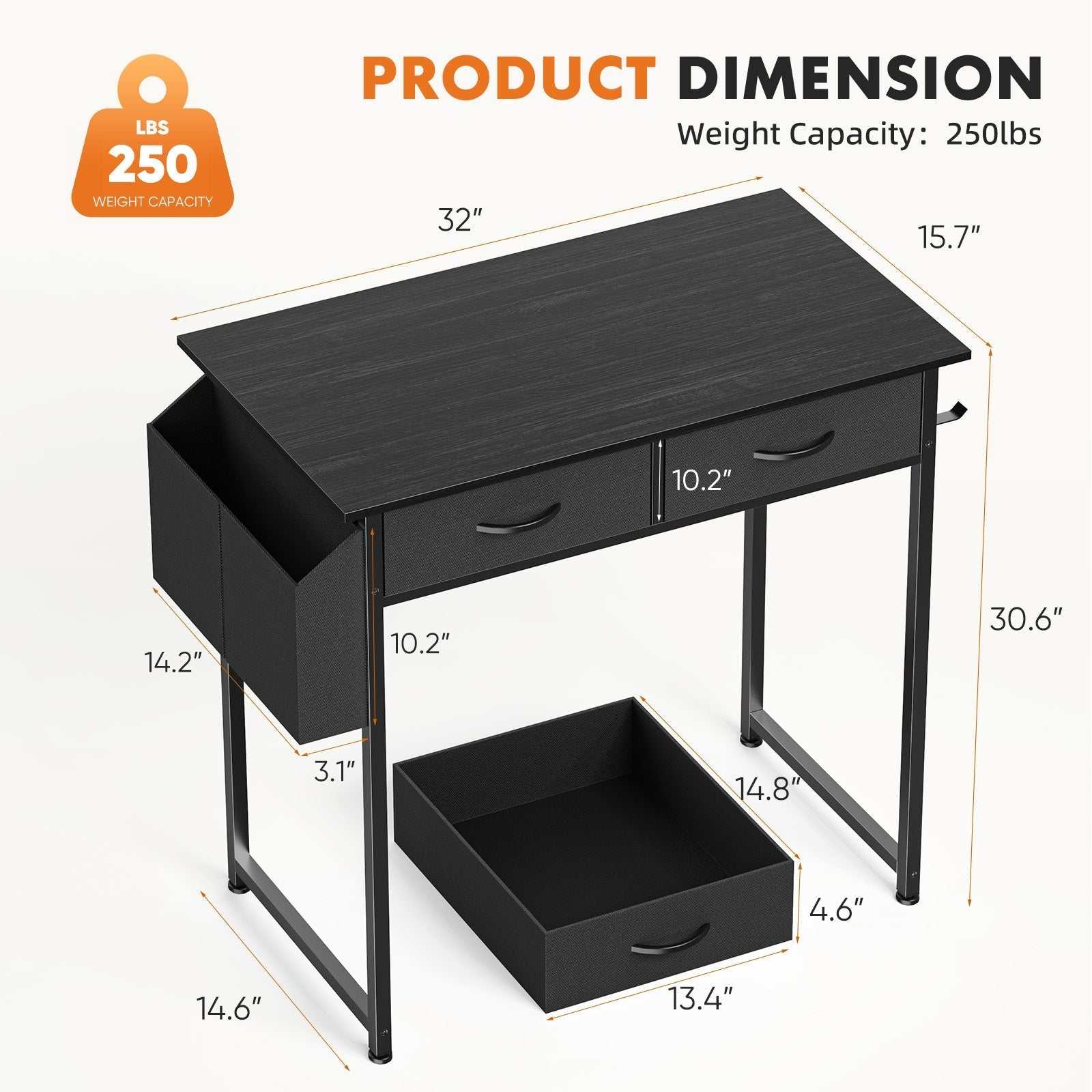 Compact zwart thuiskantoor bureau met lades en metalen frame, afmetingen 81x40x78 cm, gewichtsdraagvermogen 113 kg