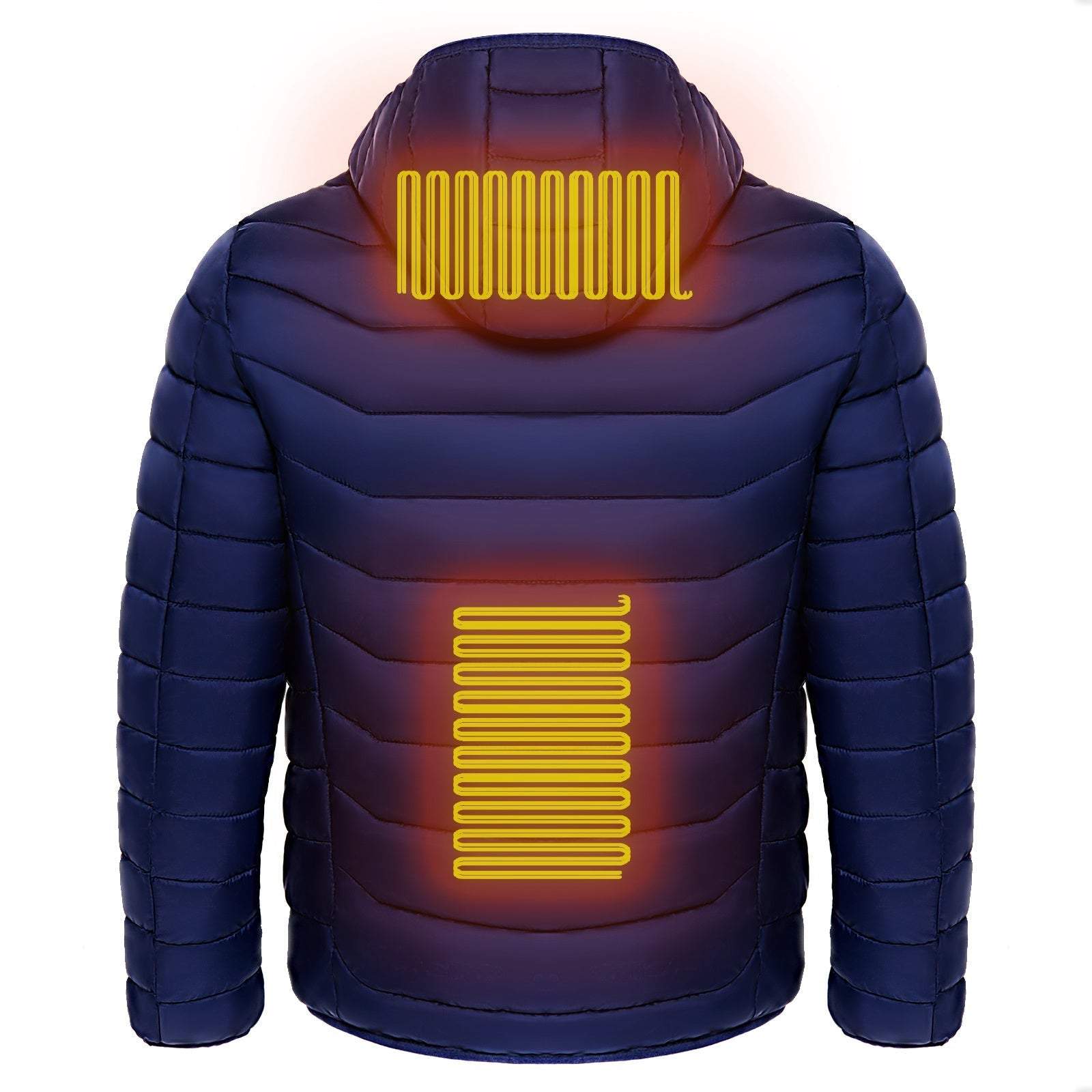 Elektrische verwarmde jas in donkerblauw met verwarmde zones op rug en nek voor optimaal ski comfort