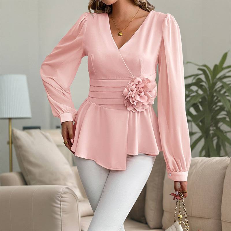 Taille-strakke V-hals blouse met driedimensionale bloemen Ritchy's Shop