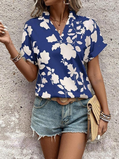 Grote bloemenprint V-hals vleermuismouwen casual los overhemd Nexora Store