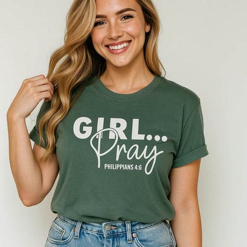 Woman wearing green Girl Pray Philippians 4:6 Christian faith t-shirt smiling