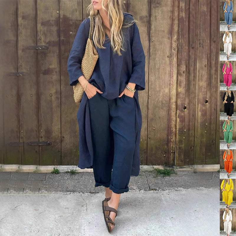 vrouwelijk casual lange mouwen pak blauw losse v-hals top en hoge taille wijde broek met zakken