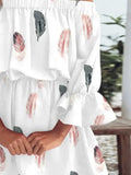 Volledige grootte bloemen off-shoulder mini-jurk met volantmouwen in grote maten, wit met verenprint