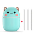 Luchtbevochtiger schattige kat in turquoise met gouden oortjes en drie aroma diffuser staafjes