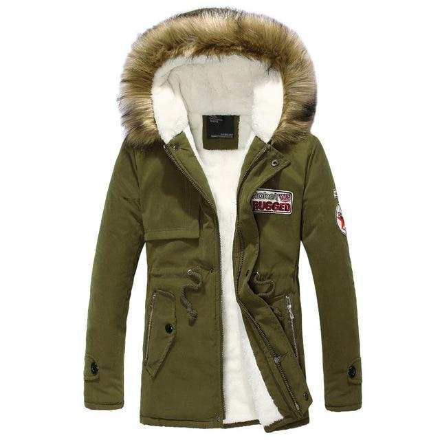 Legergroene heren winter warme jas met dikke gewatteerde voering en lange bontkraag parka fleece
