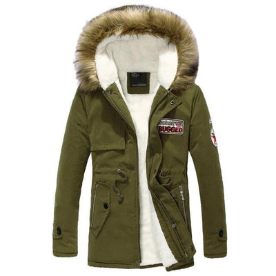 Heren winter warme dikke gewatteerde jas lange bontkraag legergroene parka fleece Ritchy's Shop