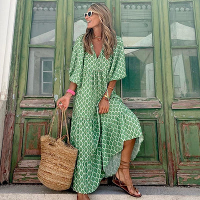 Zomerse dames vintage bedrukte bohemian jurk elegante dames casual losse V-hals korte mouwen lange jurken Nexora Store