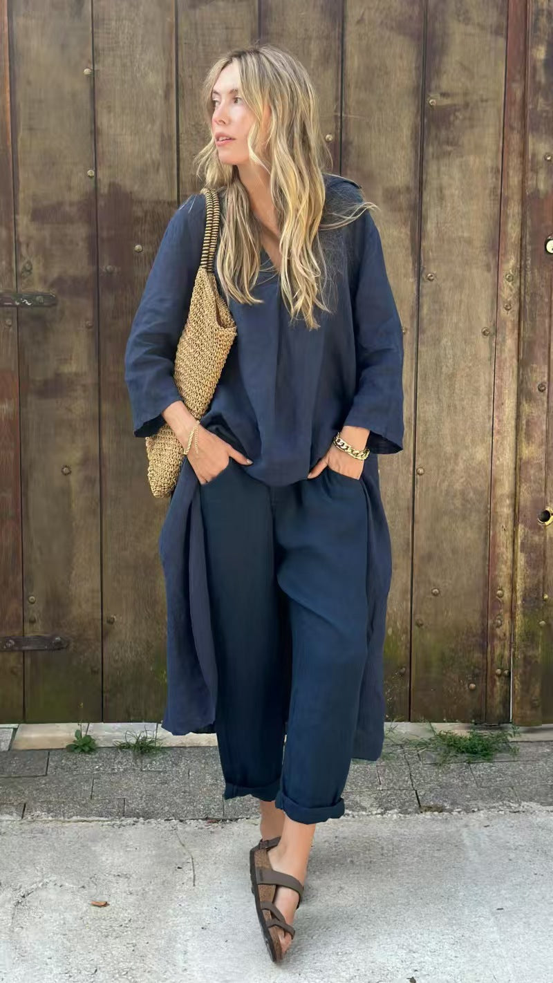 2 stuks lange mouwen pakken losse V-hals - lange top en hoge taille wijde broek met zakken Mijn winkel