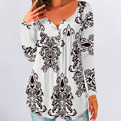 Geplooid bloemenshirt met lange mouwen en V-hals Nexora Store