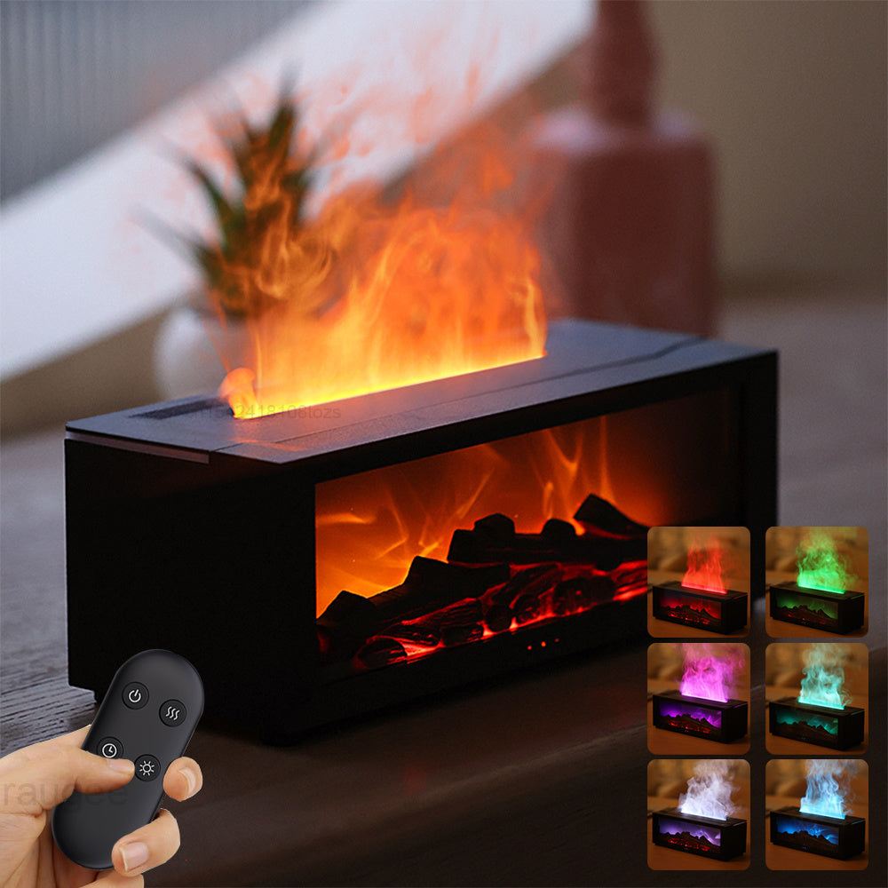 Black flame aromatherapy machine with realistic LED flame effect and remote control for large room humidification and mood lighting