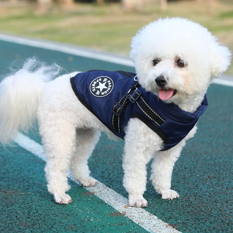 kleine witte hond draagt warme katoenen hondenjas met verdikte fleece in blauw