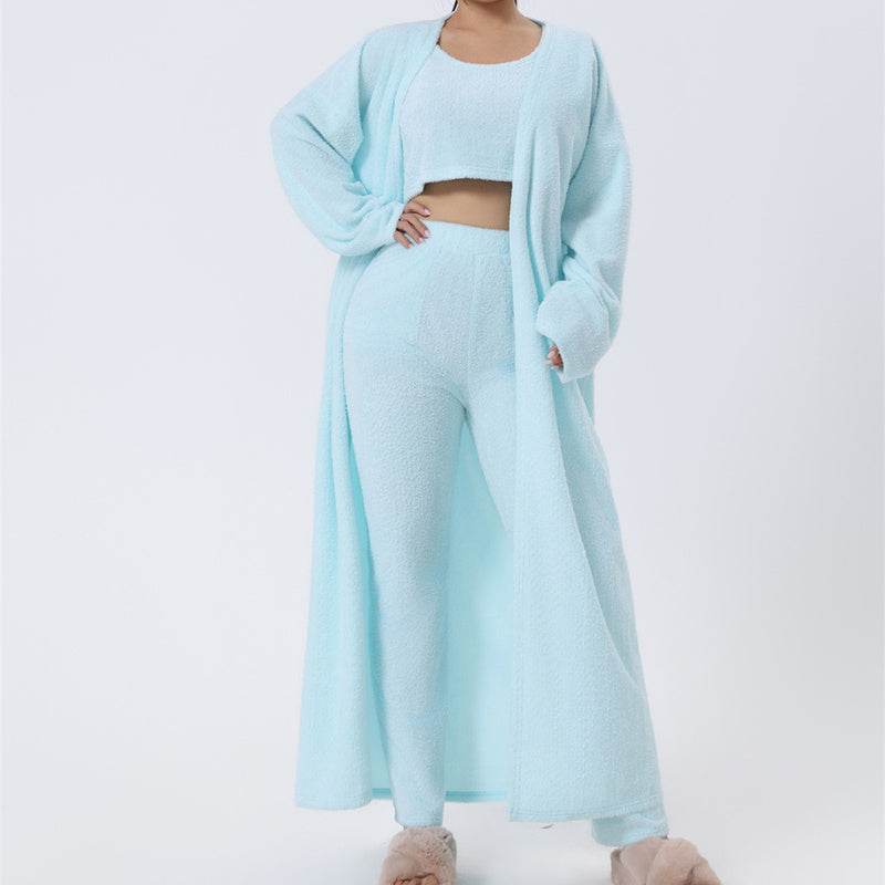 3-delige sets zachte pluizige pastelblauwe crop top broek en lange cardigan lounge set