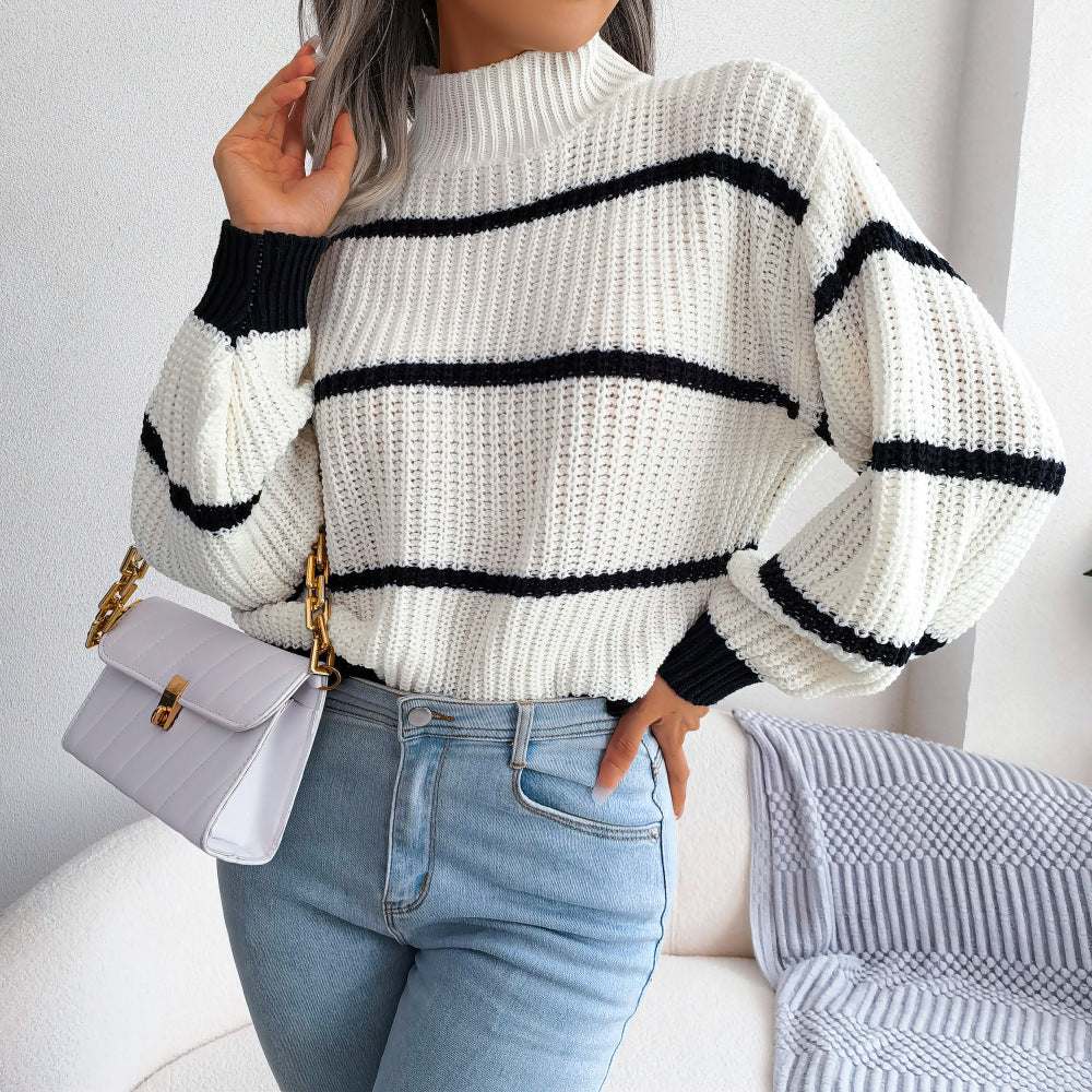 Casual Striped Lantern Sleeve Half High Neck Knitting Sweater Nexora Store