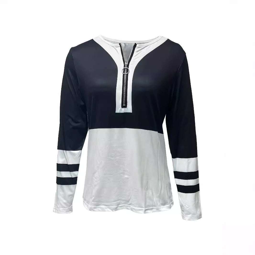 Dames V-hals contrastkleurige gestreepte losse rits T-shirt met lange mouwen Nexora Store