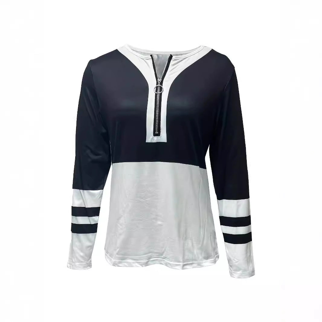 Dames V-hals contrastkleurige gestreepte losse rits T-shirt met lange mouwen Nexora Store