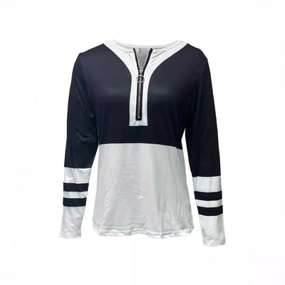 Dames V-hals contrastkleurige gestreepte losse rits T-shirt met lange mouwen Nexora Store