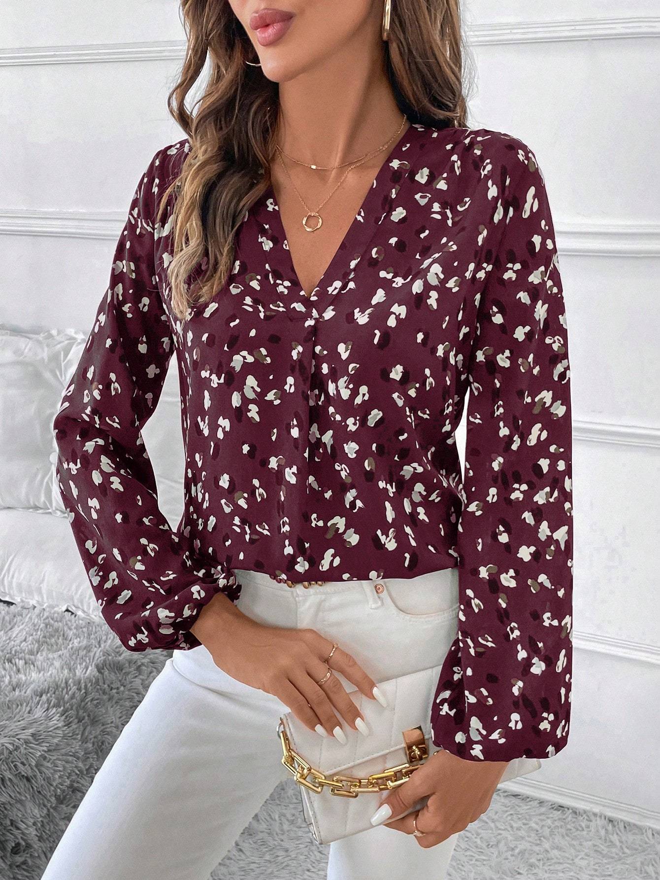 Elegante blouse met lange mouwen en V-hals in bordeaux met wit patroon voor dames