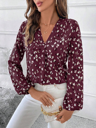 Elegante blouse met lange mouwen en V-hals voor dames, all-over print, tops met lange mouwen Nexora Store