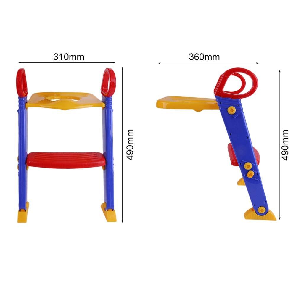 3-in-1 baby-potje training toilet ladder with red handles, blue steps, and yellow base for toddlers