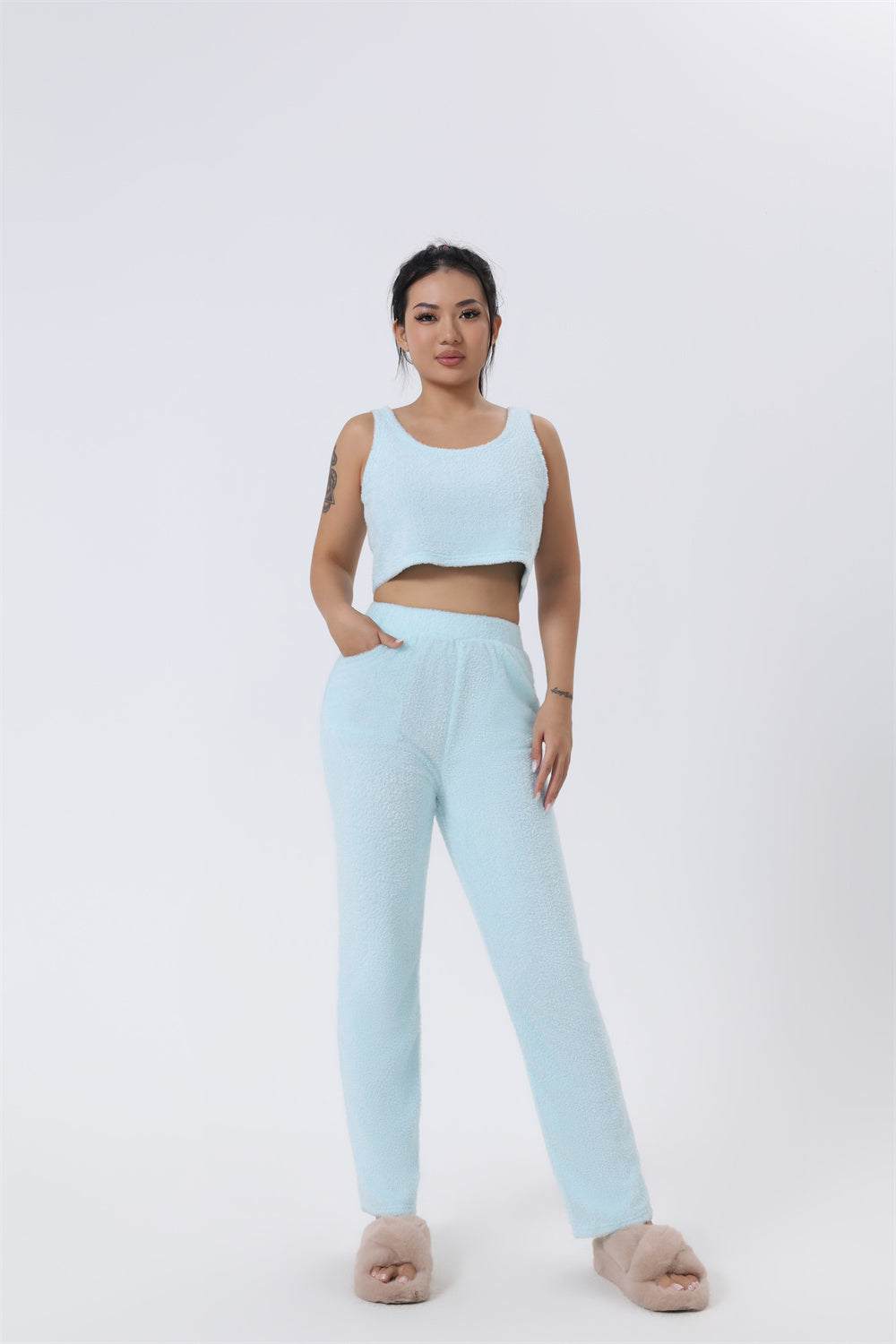 3-delige sets zachte lichtblauwe crop top en broek lounge set vrouwelijk comfortabel