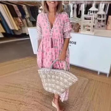 Zomerse Boheemse printjurk met lantaarnmouwen, modieuze losse V-hals, ruches, lange jurk, strandkleding voor vrouwen Ritchy's Shop