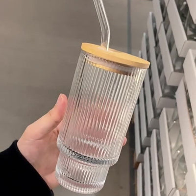 16oz glazen drank met bamboehouten afdekking en tape-rietje Nexora Store