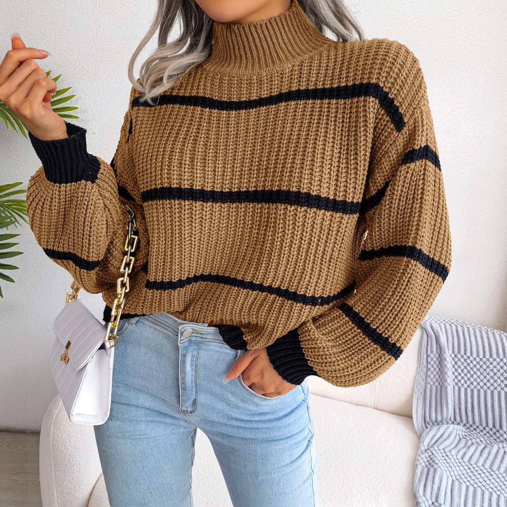 Casual Striped Lantern Sleeve Half High Neck Knitting Sweater Nexora Store