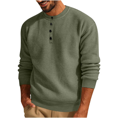 Solid Color Loose Casual Round Neck Long Sleeve Waffle Henley Shirt Nexora Store