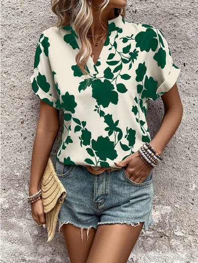 Grote bloemenprint V-hals vleermuismouwen casual los overhemd Nexora Store