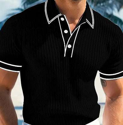 Zwarte heren polo korte mouw met witte strepen en knoopsluiting