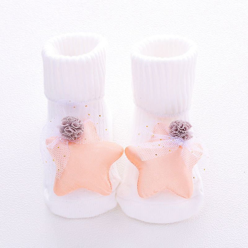 Babysokjes witte katoenen babysokken met roze ster en bloem decoratie voor baby's