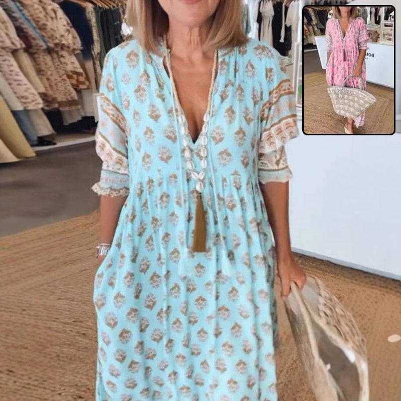 Boheemse printjurk met lantaarnmouwen en V-hals, lange zomerse jurk voor vrouwen, strandkleding in lichte kleuren