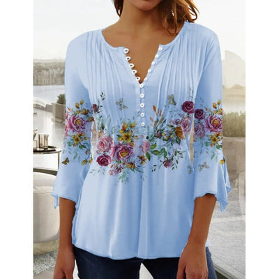 Modieus nieuw dames T-shirt met bloemenprint, V-hals, driekwartmouwen, geplooide knopen en basisshirt Nexora Store