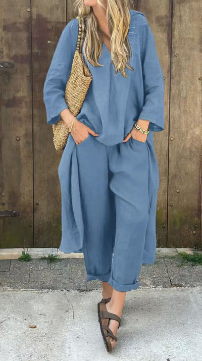 2 stuks lange mouwen pakken losse V-hals - lange top en hoge taille wijde broek met zakken Mijn winkel