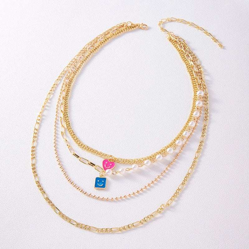 Enamel Smiley Face Charms Pearl Necklace Boho Gold Multi-layer Chunky Chain Statement Necklaces Chokers For Women Nexora Store