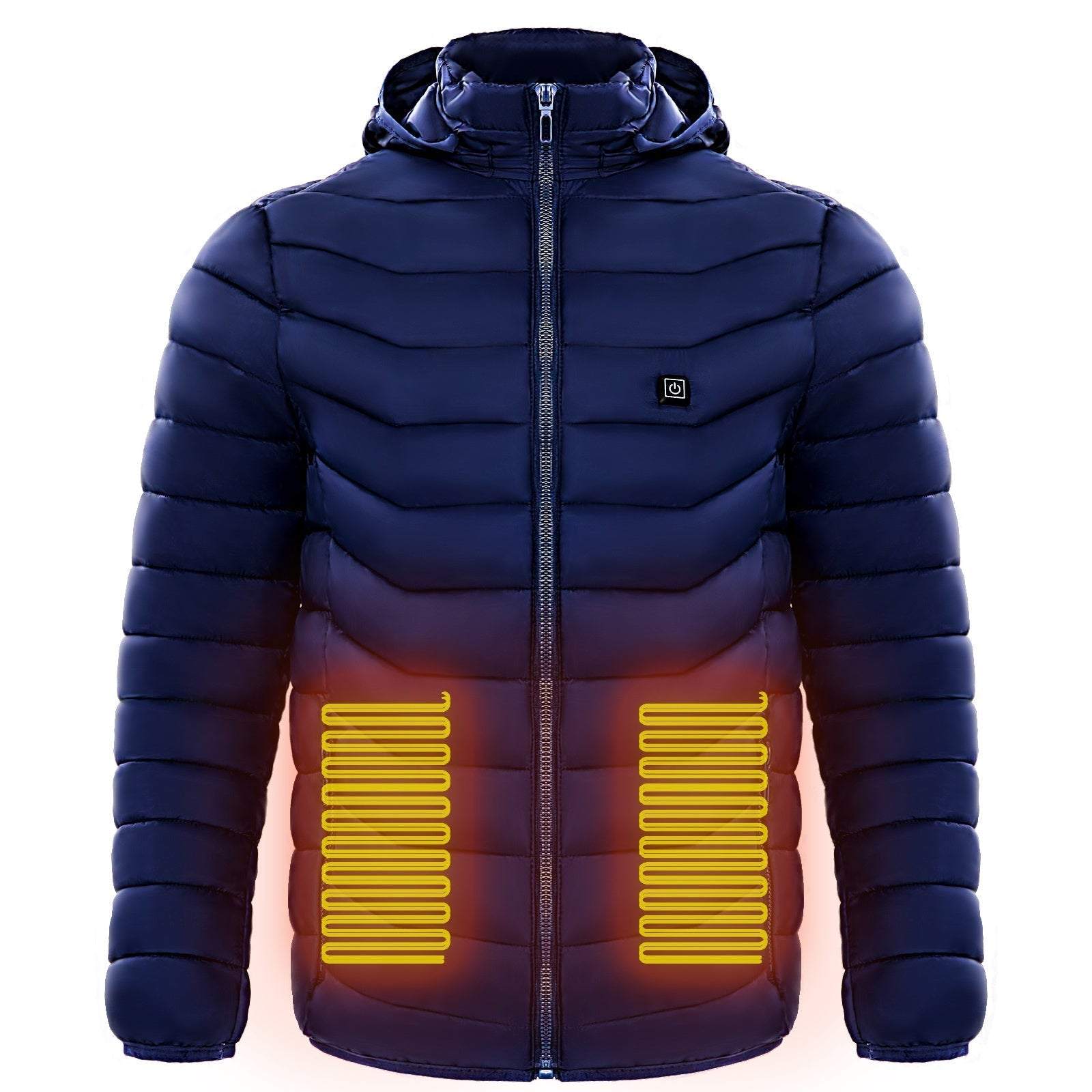 Elektrische verwarmde jas met capuchon en ingebouwde verwarmingszones, ideaal voor skiën.