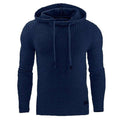 Navy blue men's hoodies sweater with textured knit and drawstring hood, made of 65% cotton and 35% polyester