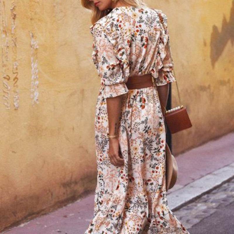 Beige jurk met lange mouwen en bloemenprint en V-hals Nexora Store