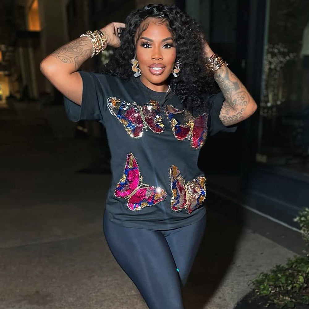 Personality Street Sequin geborduurde ronde hals dames korte mouw Nexora Store