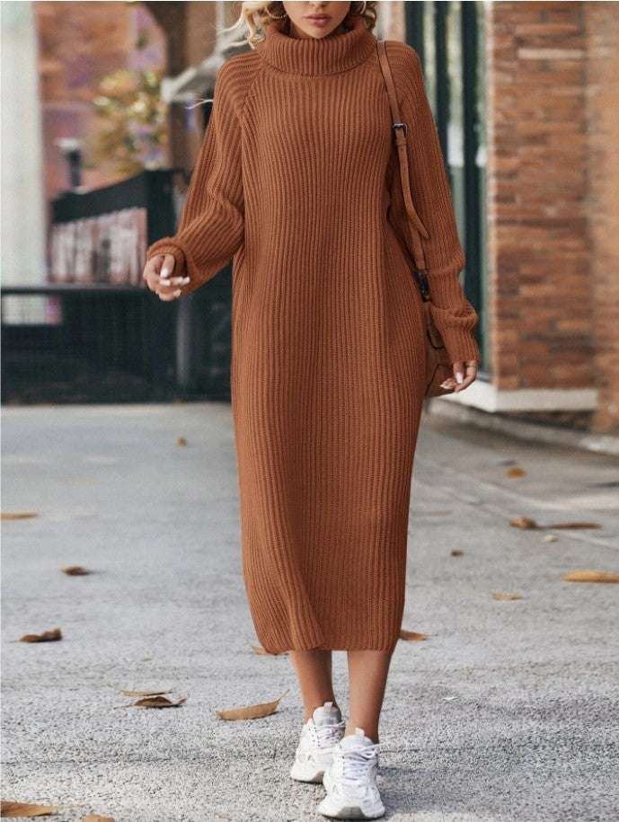 Winter Turtleneck Knitted Sweater Dress Fashion Solid Loose Pullover Long Dresses For Women Clothing Nexora Store