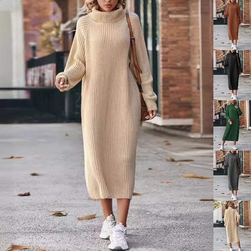 Woman wearing milky white winter turtleneck knitted sweater dress walking outdoors with casual sneakers