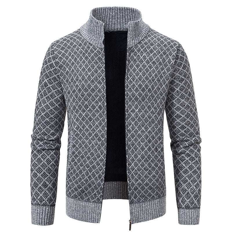 Thickened Plaid Print Jacket Cardigan Fashion Slim Fit Zipper Stand Collar Sweater Winter Men's Casual Long Sleeve Knitted Top Clothing Nexora Store