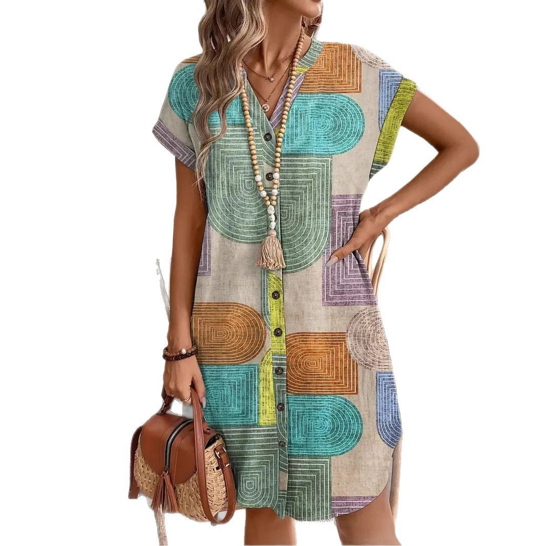 Bedrukte geweven elegante V-hals jurk met knopen Ritchy's Shop