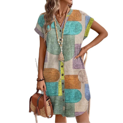 Bedrukte geweven elegante V-hals jurk met knopen Ritchy's Shop