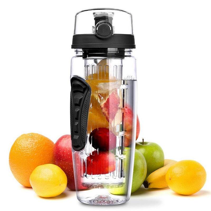 32oz BPA-free plastic fruit infuser water bottles in multiple colors with leak-proof design and durable Tritan material