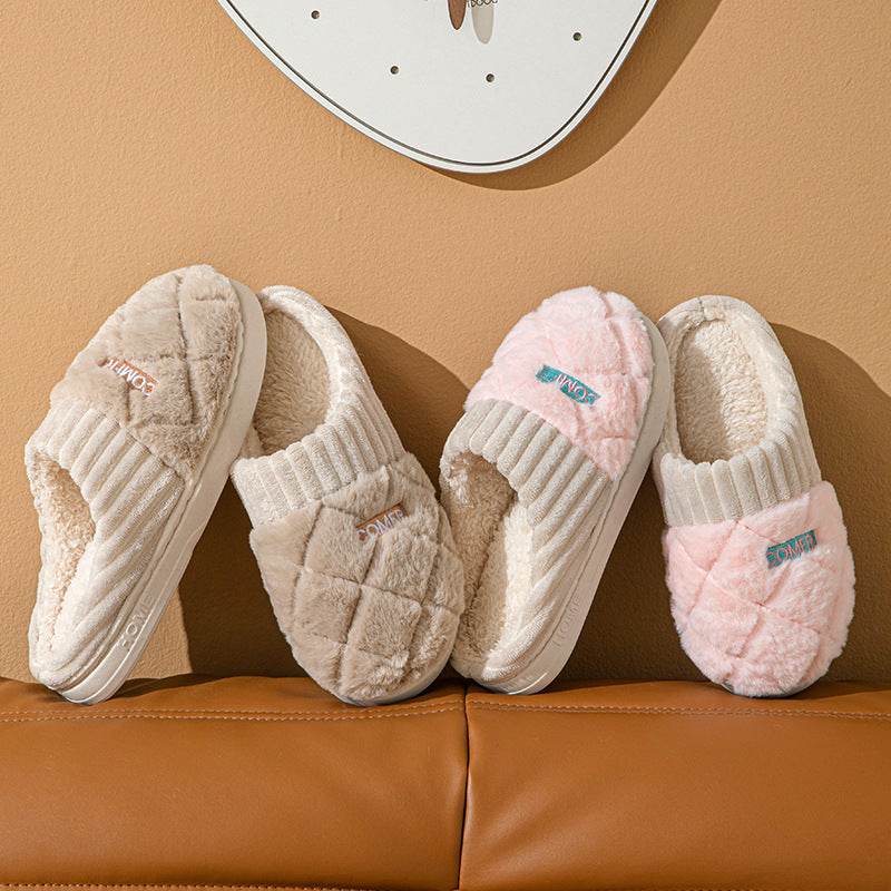 Solid Rhombic Letter Home Slippers Winter Warm Non-slip Floor Bedroom Plush Slipper For Couple House Shoes Women Men Nexora Store