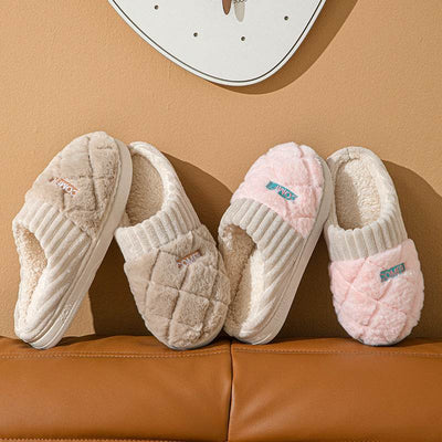 Solid Rhombic Letter Home Slippers Winter Warm Non-slip Floor Bedroom Plush Slipper For Couple House Shoes Women Men Nexora Store