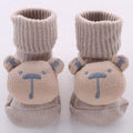 Beige knitted babysokjes with bear face design, soft cotton baby socks for 0-12 months.